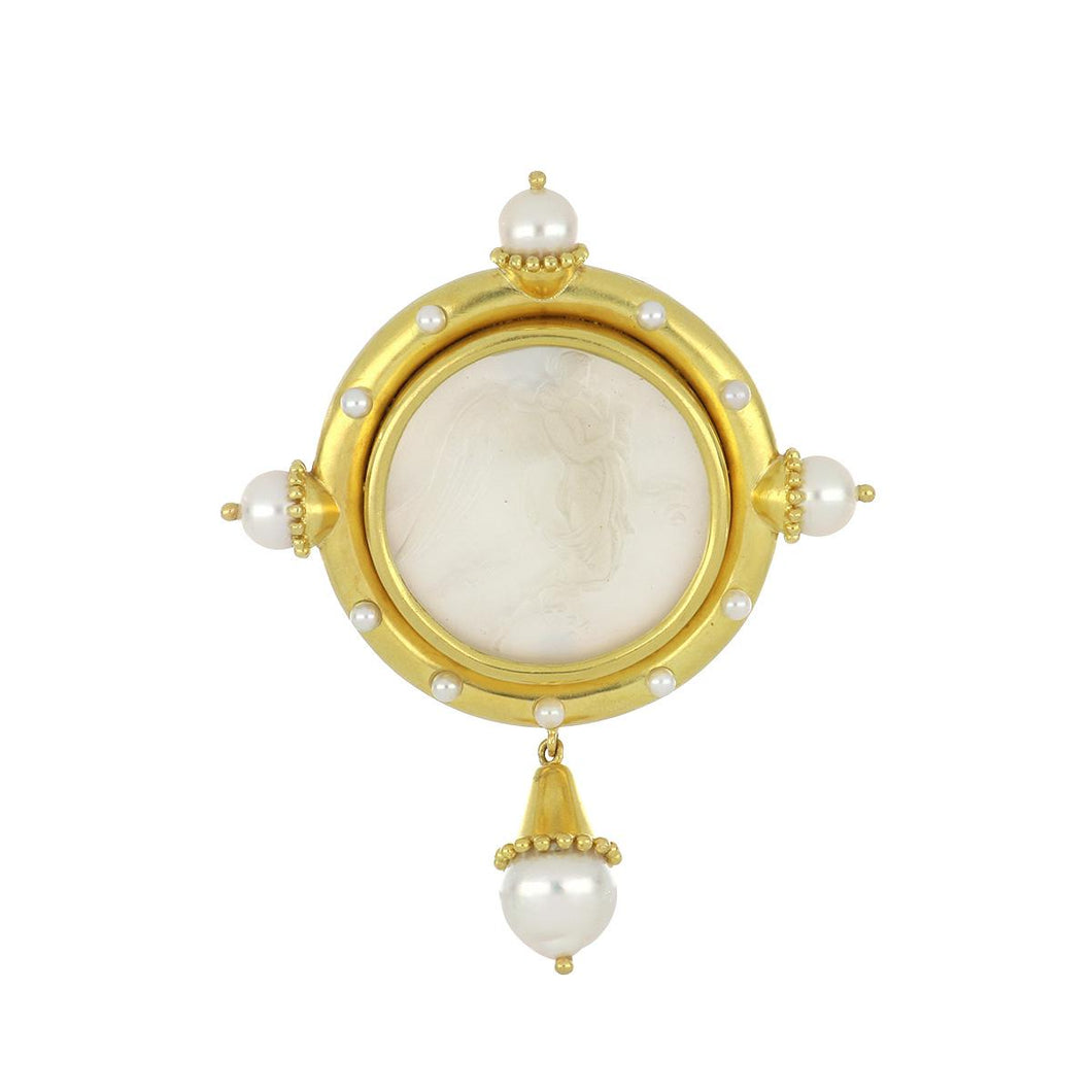 Estate Elizabeth Locke 18K Gold White Venetian Glass Angel Intaglio Pin with Pearls