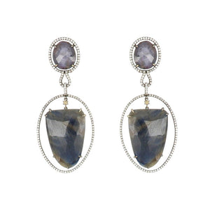18K Blackened Gold Grey and Blue Corundum Slice Earrings with Diamond Frame