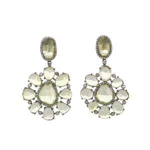 14K Gold and Sterling Silver Prasiolite Cobblestone Earrings with Diamonds