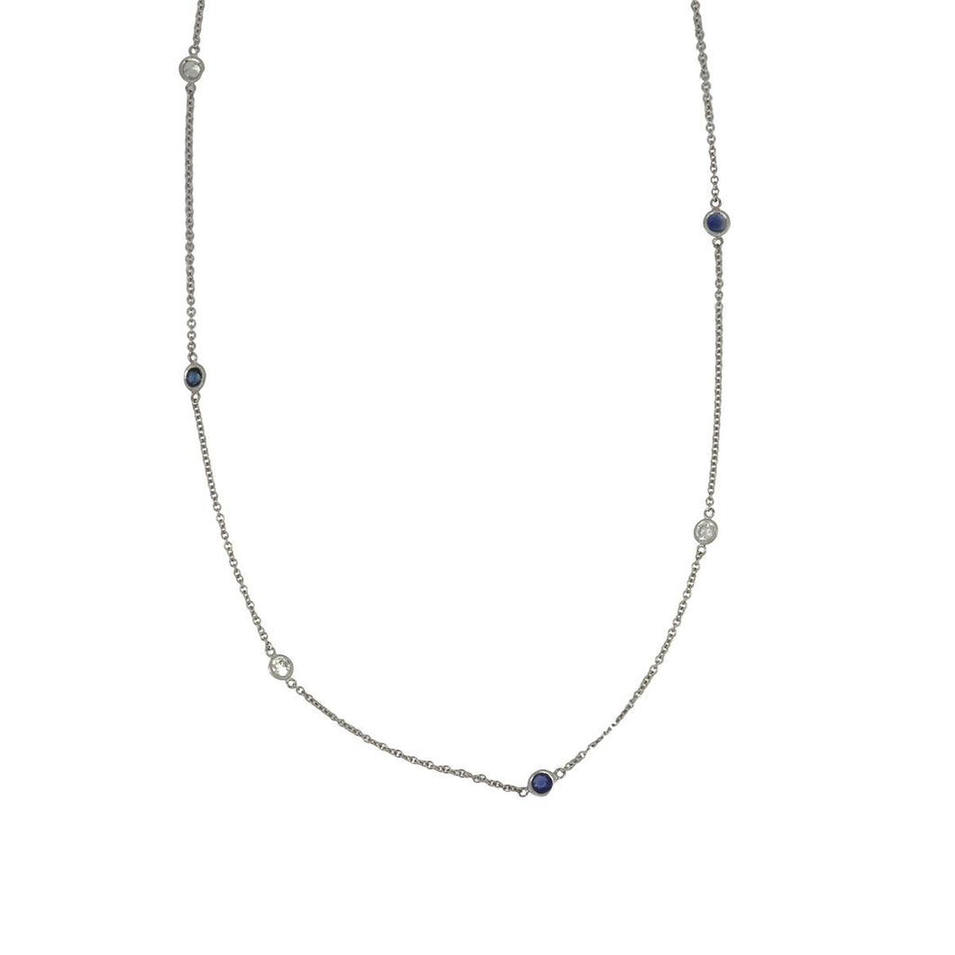 Estate 18K White Gold Diamond and Blue Sapphire Diamonds-By-The-Yard Necklace