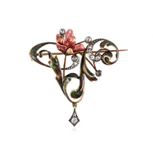 Load image into Gallery viewer, Art Nouveau Silver-topped 14K Gold Enamel and Diamond Brooch
