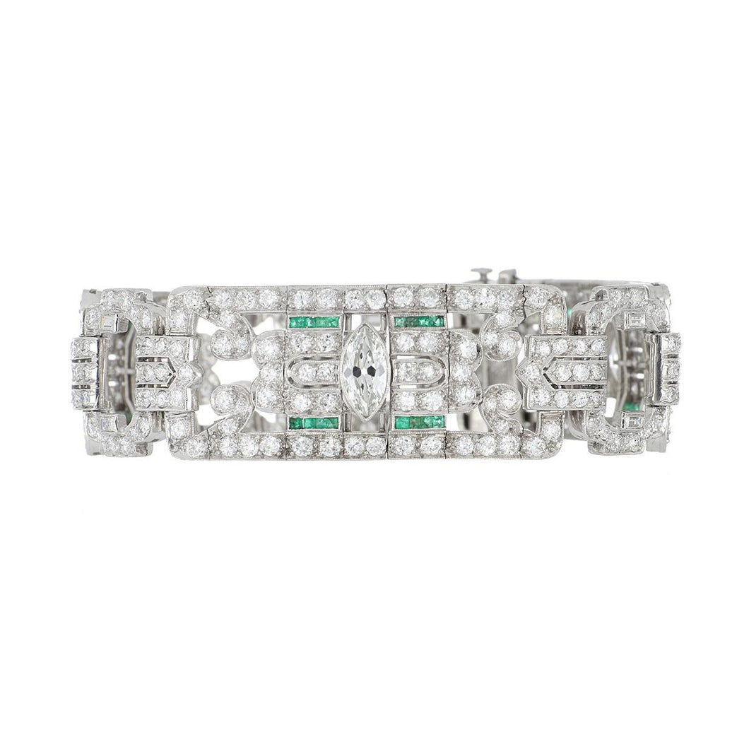 Vintage Art Deco-Style Platinum & Diamond Bracelet with Emeralds