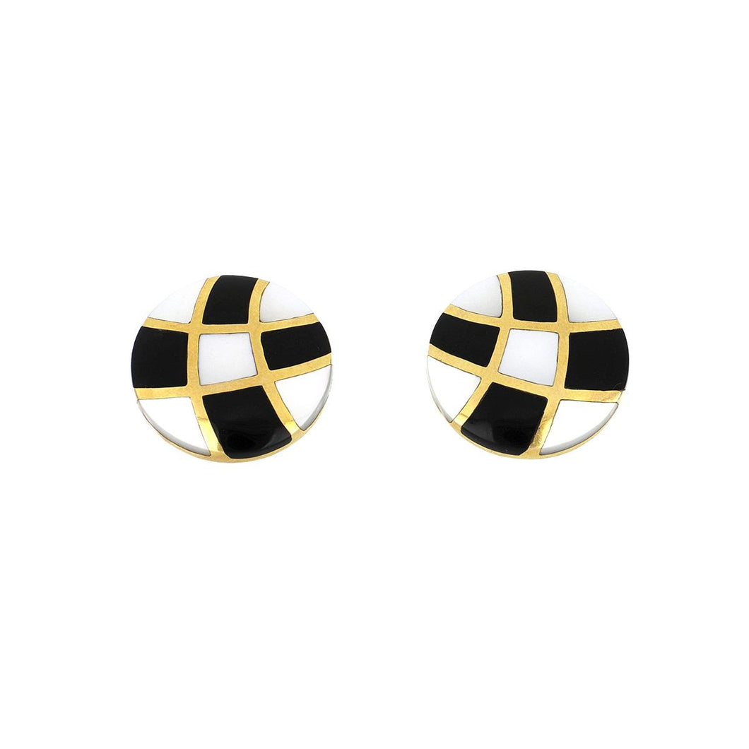 Vintage 1990s Asch Grosbardt 14K Gold Inlaid Black Onyx and Mother-of-Pearl Button Earrings