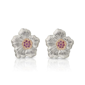 Buccellati Sterling Silver Gardenia Button Earrings with Pink Sapphires