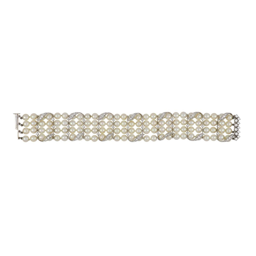 Mid-Century 14K White Gold Four-Row Akoya Pearl Bracelet with Diamonds
