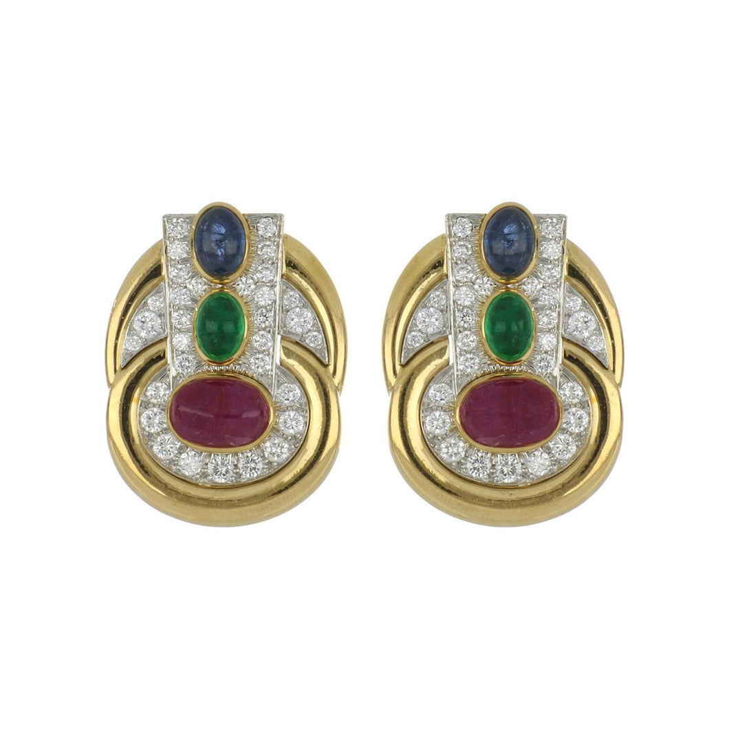 Vintage 1980s David Webb Platinum and 18K Gold Earrings with Rubies, Emeralds, Sapphires and Diamonds