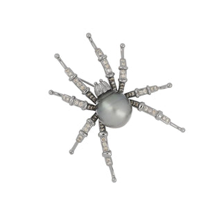 Estate 14K White Gold Tahitian Pearl and Light Brown Diamond Spider Brooch