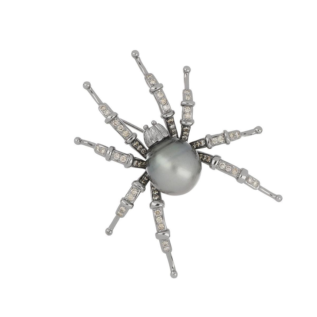 Estate 14K White Gold Tahitian Pearl and Light Brown Diamond Spider Brooch