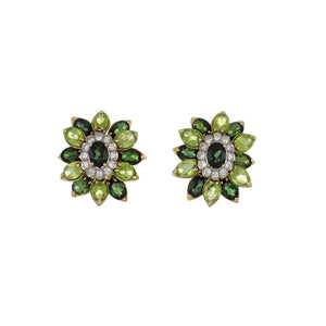 Vintage 1970s 14K Gold Cluster Earrings with Tourmaline Peridot and Diamonds