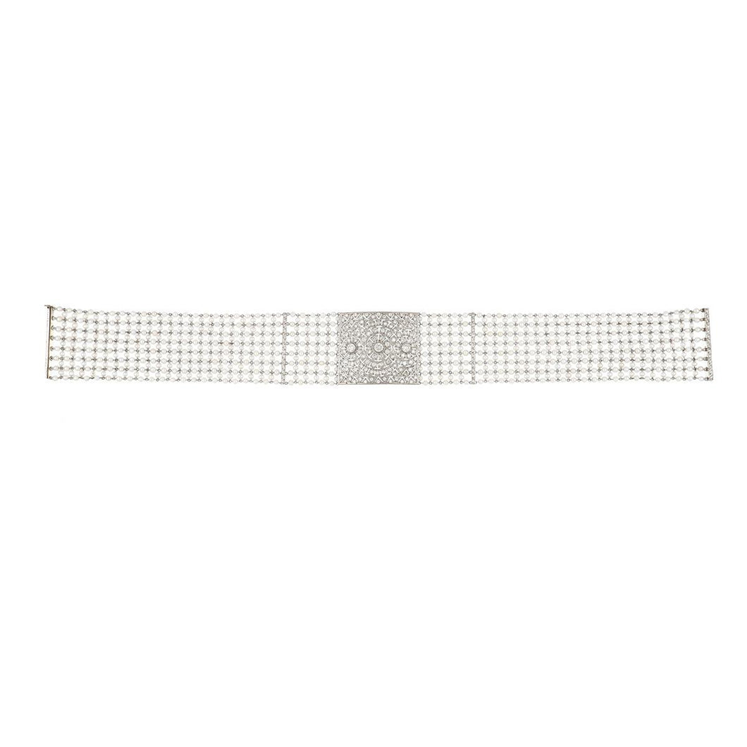 Mid-Century Edwardian Style Platinum Woven Pearl Dog Collar Choker with Diamond Centerpiece