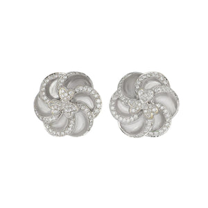 Vintage 1990s Andredi 18K White Gold Carved Rock Crystal Pinwheel Earrings with Diamonds