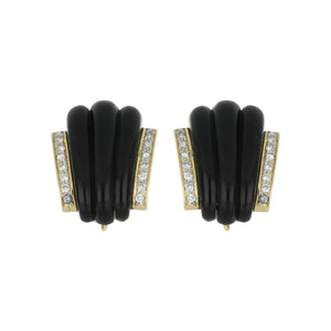 Vintage 1990s 18K Gold Fluted Onyx and Diamond Earrings