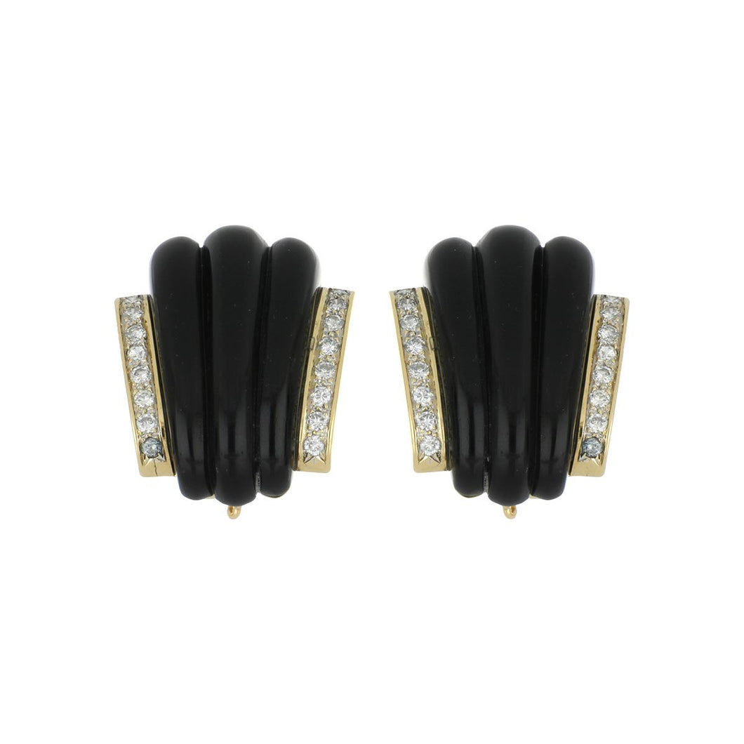 Vintage 1990s 18K Gold Fluted Onyx and Diamond Earrings