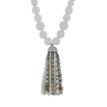 Load image into Gallery viewer, Estate 18K White Gold Rock Crystal Bead and Pearl Tassel Necklace with Diamonds
