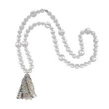 Load image into Gallery viewer, Estate 18K White Gold Rock Crystal Bead and Pearl Tassel Necklace with Diamonds
