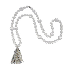 Estate 18K White Gold Rock Crystal Bead and Pearl Tassel Necklace with Diamonds
