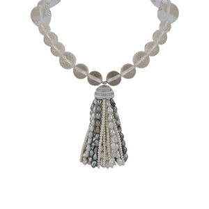 Estate 18K White Gold Rock Crystal Bead and Pearl Tassel Necklace with Diamonds