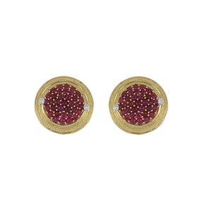 Vintage 1990s 18K Gold Cabochon Ruby and Diamond Button Earrings