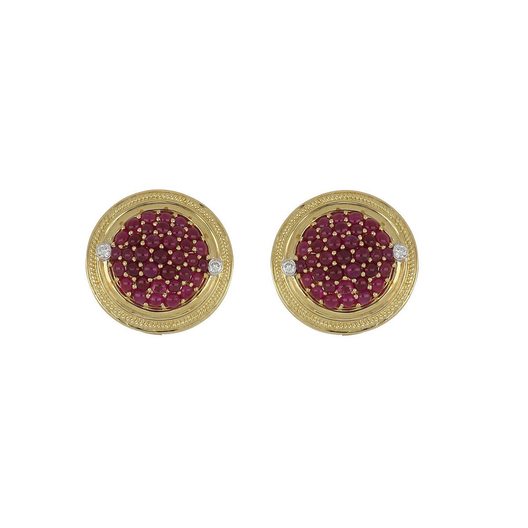 Vintage 1990s 18K Gold Cabochon Ruby and Diamond Button Earrings