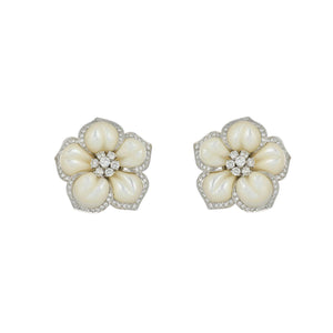 Estate Ambrosi 18K White Gold Carved Mother-of-Pearl Flower Earrings with Diamonds