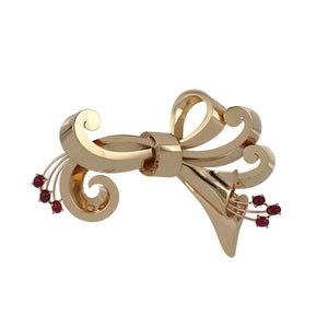 Retro 1940s 14K Gold Stylized Bow Pin with Rubies