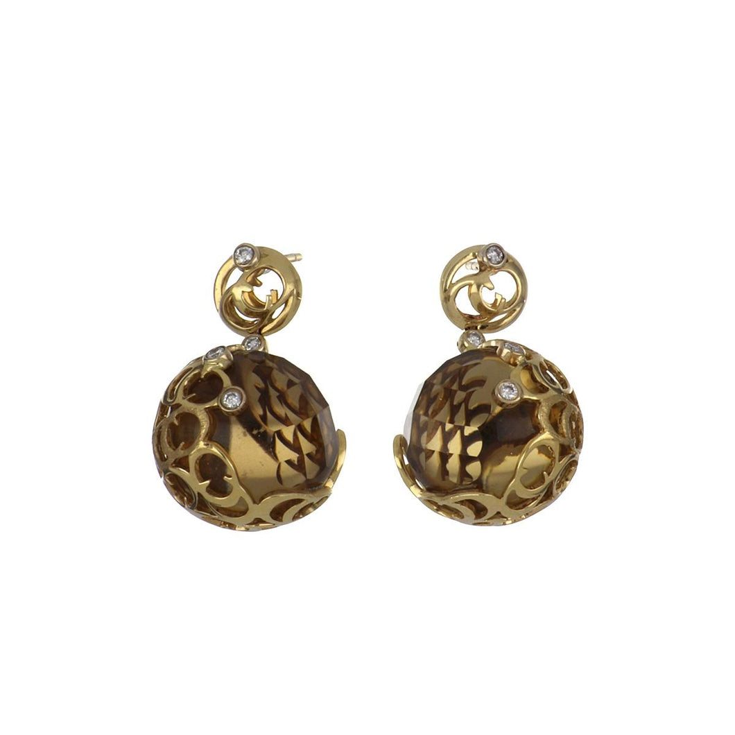 18K Gold Faceted Citrine Ball Earrings with Diamonds