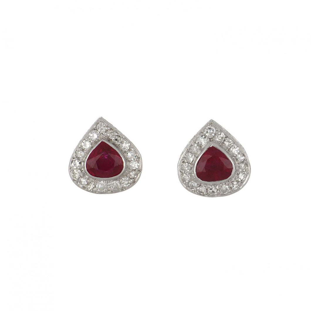 Vintage 1990s Platinum Pear Shape Burmese Ruby and Diamond Cluster Earrings