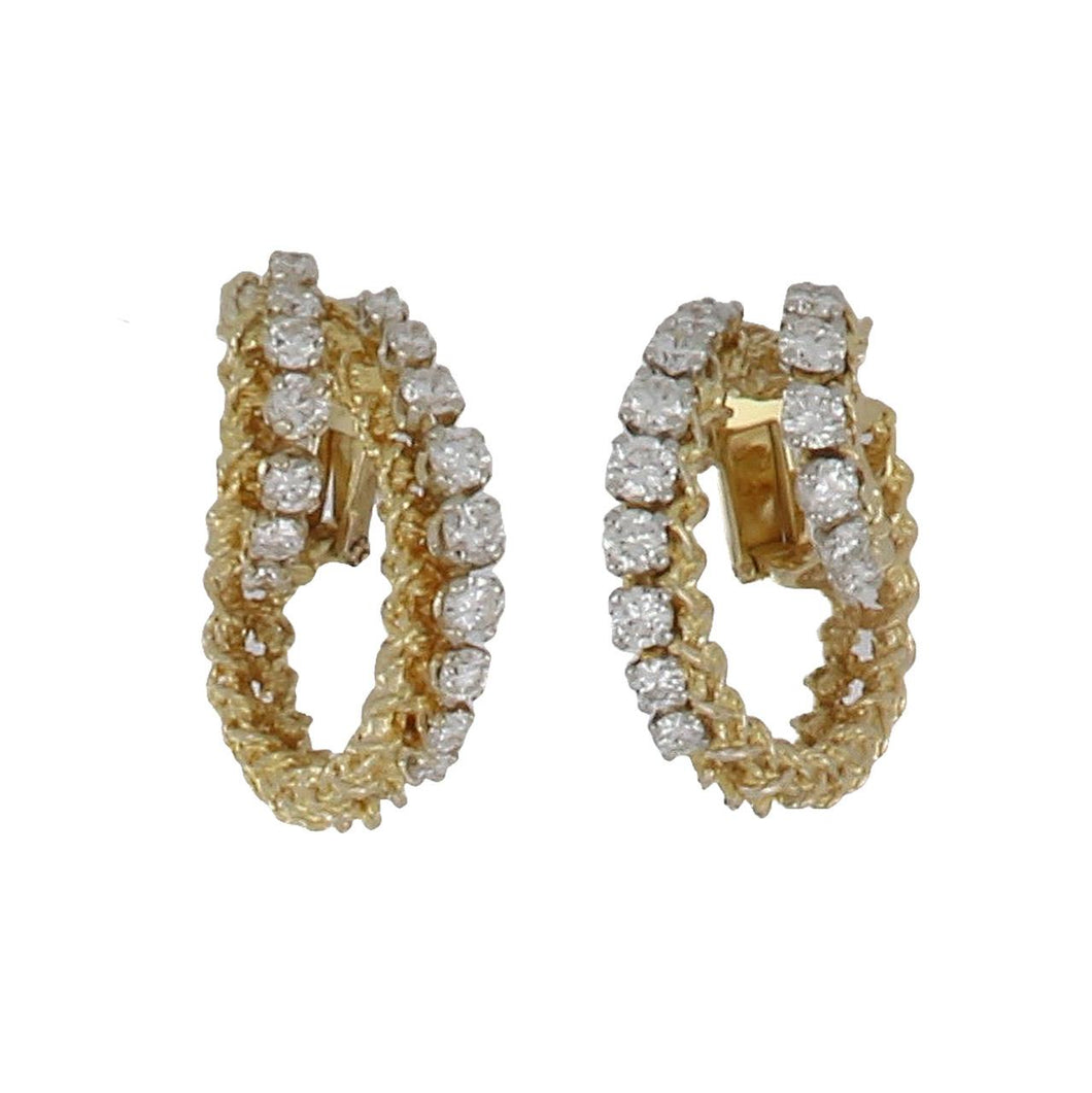 Vintage 1980s Neiman Marcus French 18K Gold Double Textured Hoop Earrings with Diamonds