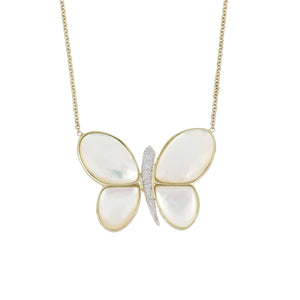 Estate 14K Gold Mother-of-Pearl Butterfly Pendant Necklace with Diamonds