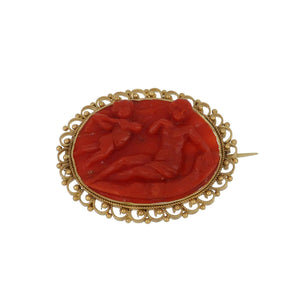 Early Victorian 18K Gold Cannetille and Carved Oxblood Coral Venus and Cupid Cameo Pin