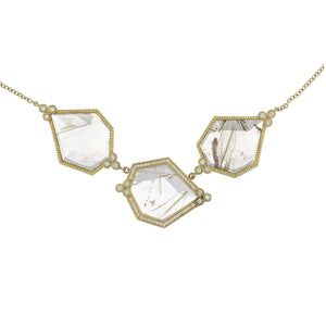 18K Gold Rutilated Rock Crystal Quartz Tri Luna Necklace with Pavé Diamonds