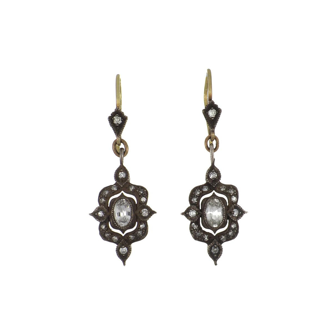 14K Gold and Oxidized Silver Drop Earrings with White Sapphires and Diamonds