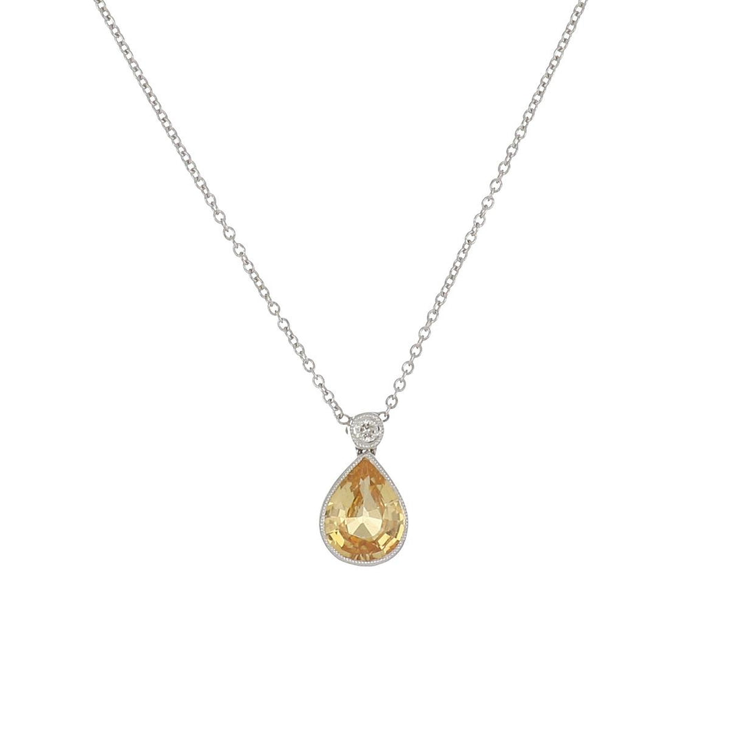 Estate 18K White Gold Pear Shape Yellow Sapphire and Diamond Pendant Necklace