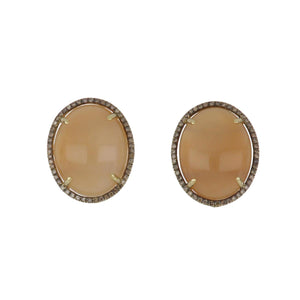 Estate 18K Gold Cabochon Peach Moonstone and Brown Diamond Earrings