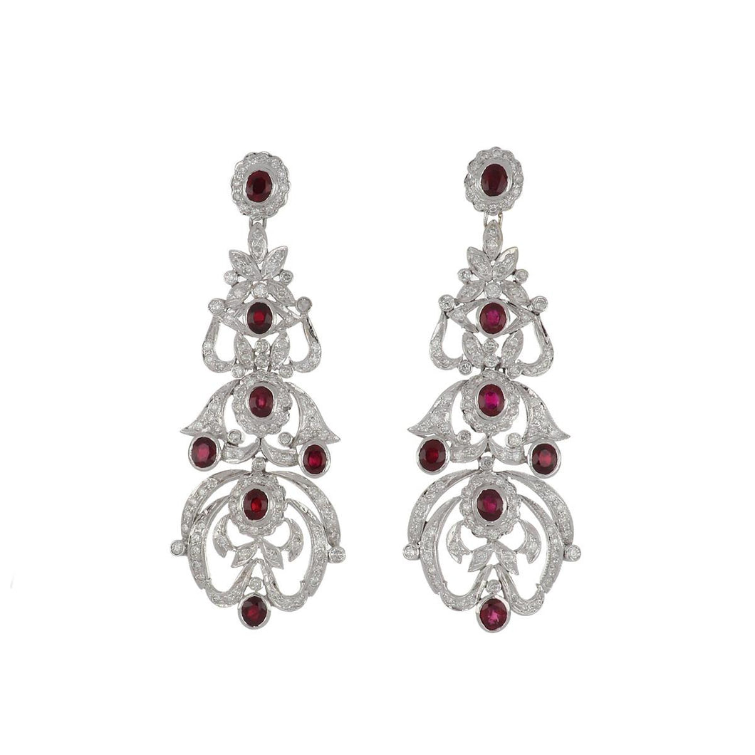 Estate 18K White Gold Ruby and Diamond Drop Earrings