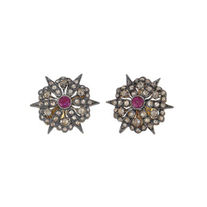 Vintage Sterling Silver and 15K Gold Diamond and Ruby Earrings