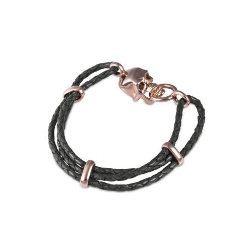 Deakin & Francis Black Leather Adjustable Bracelet with Rose Gold Finish Skull Clasp with White Sapphire Eyes