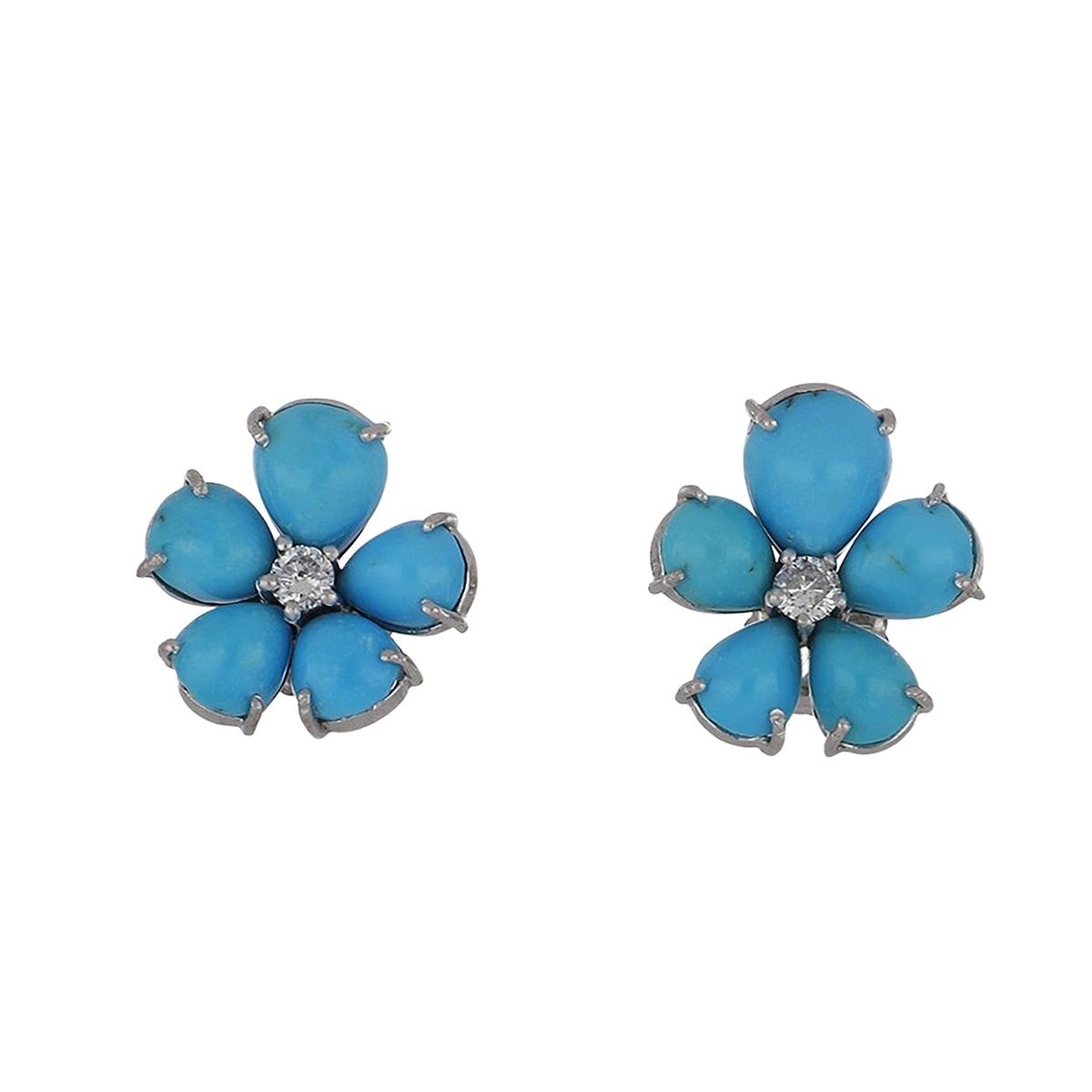 Mid Century 18K White Gold and Palladium Turquoise Flower Earrings Tenenbaum Jewelers