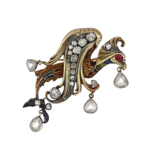 Art Nouveau Russian 14K Gold and Sterling Silver Mythological Creature Brooch