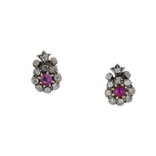Load image into Gallery viewer, Bespoke Victorian 14K Gold and Sterling Silver Ruby and Diamond Cluster Earrings
