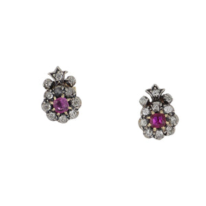 Bespoke Victorian 14K Gold and Sterling Silver Ruby and Diamond Cluster Earrings