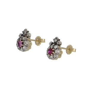Bespoke Victorian 14K Gold and Sterling Silver Ruby and Diamond Cluster Earrings