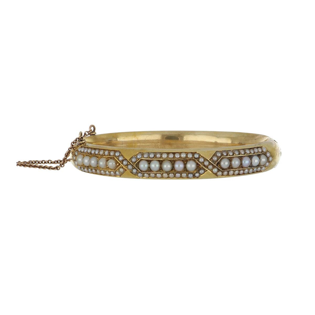 Victorian 14K Gold Hinged Bangle with Split Pearls