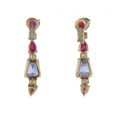 Load image into Gallery viewer, Vintage 1980s Bulgari 18K Gold Ruby and Sapphire Dangle Earrings
