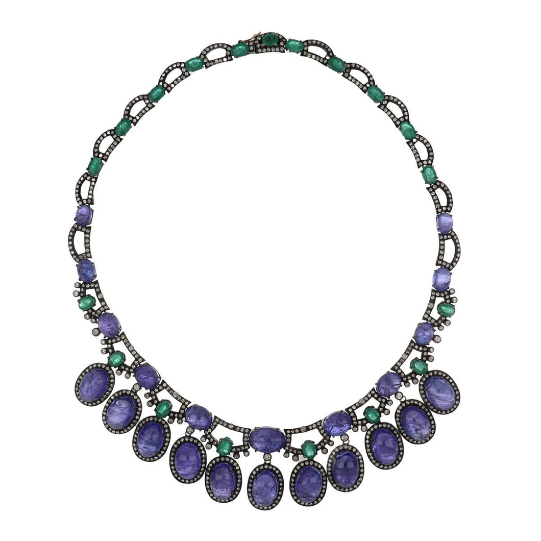 Sterling Silver Tanzanite, Emerald and Diamond Jewelry Suite