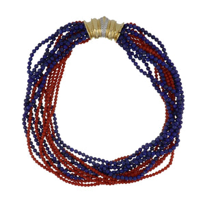 Vintage 18K Gold Coral and Lapis Torsade Necklace