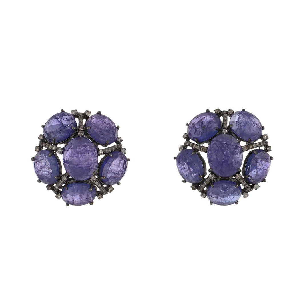 Sterling Silver Tanzanite Button Earrings with Diamonds