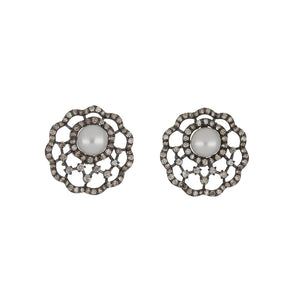 Sterling Silver Pearl and Diamond Cutout Earrings