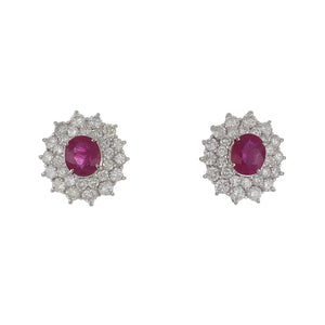 Estate Platinum Oval Ruby and Diamond Cluster Earrings
