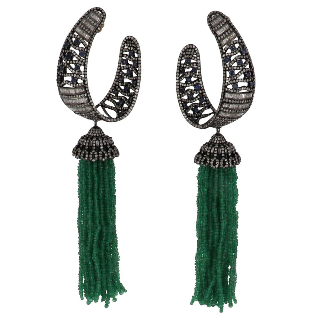 Sterling Silver Diamond, Sapphire and Emerald Tassel Earrings